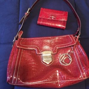 Liz Claiborne Faux Alligator Pattern Handbag. With Wallet. Red. EUC.